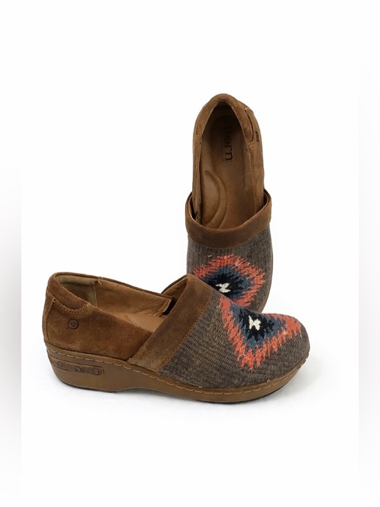 Born Shoes - BORN Women's Brown Suede Slip-On Clogs Coral Blue Woven Southwest Accent 9
